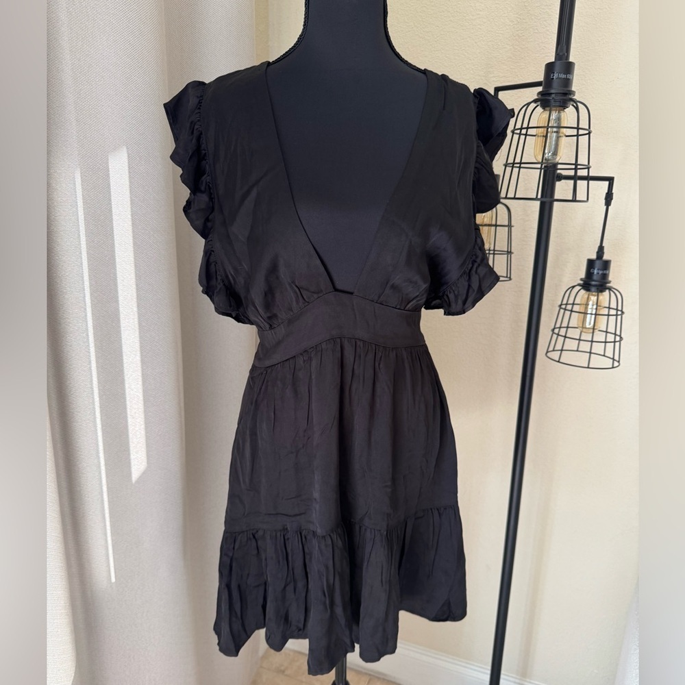 Stillwater Jesse Black Ruffle Mini Dress Small Plunge Boho - Picture 4 of 10